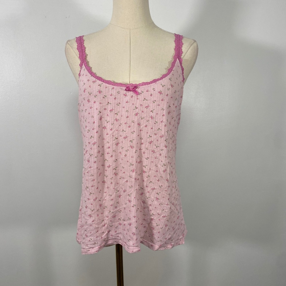 Vintage Y2K SO Intimates Large Pink Lace Trim Micro Floral Pointelle Tank Top